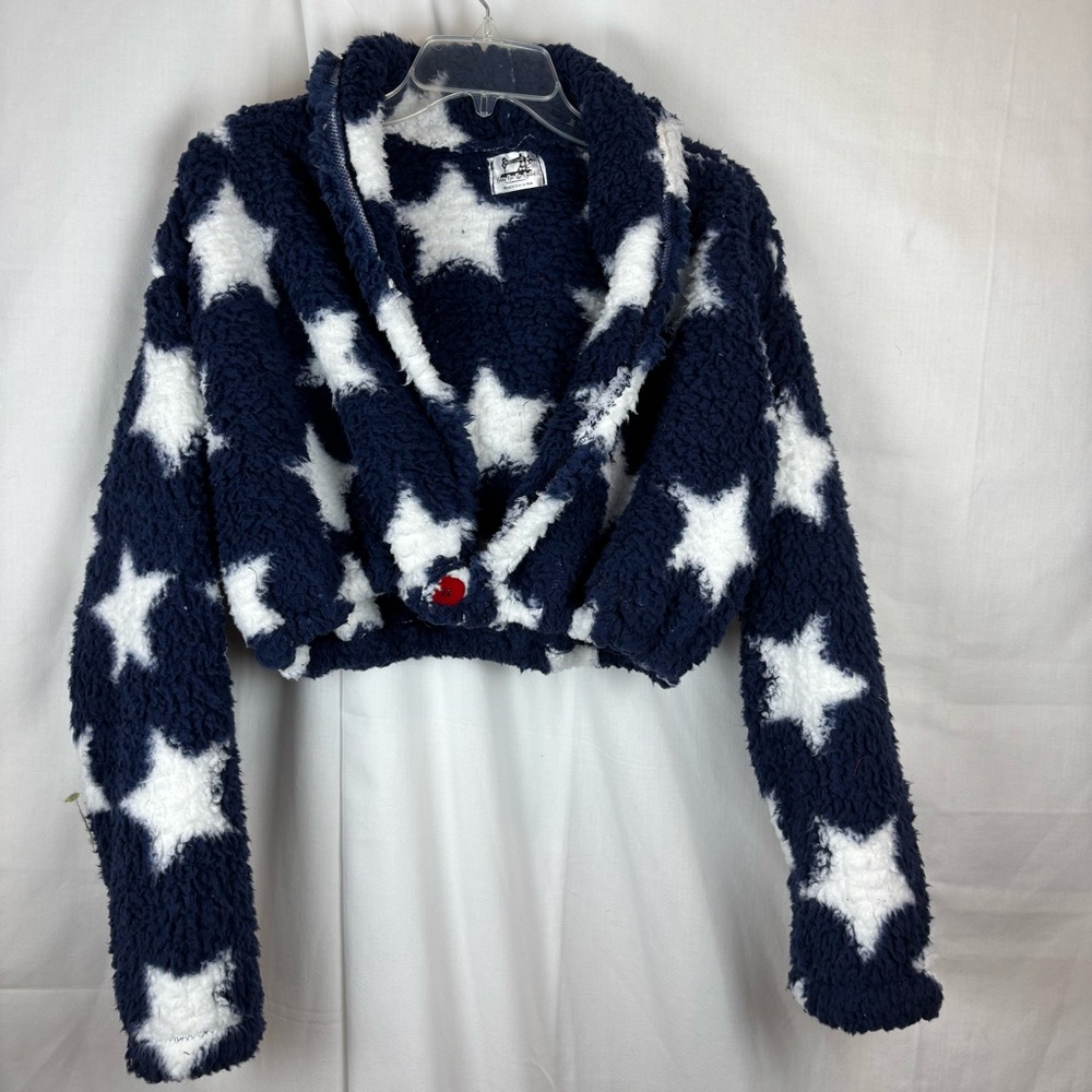 Handmade Cropped Fuzzy Navy Star 1 Button Jacket Elastic Waist and Cuffs - Picture 2 of 11